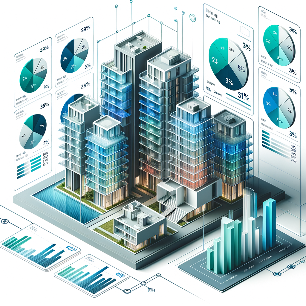 Generate a sleek isometric cutaway of a modern condominium tower. Each apartment unit should be differentiated with shades of blue or green, with clear overlaid percentage labels and subtle floor-plan lines. In the foreground, include semi-transparent digital widgets displaying pie charts and bar graphs which visualize each unit's 'ideal fraction' contribution. Set all these elements against a clean white background enhanced with tech-style accents. The final image should be a high-resolution, minimalistic vector illustration.
