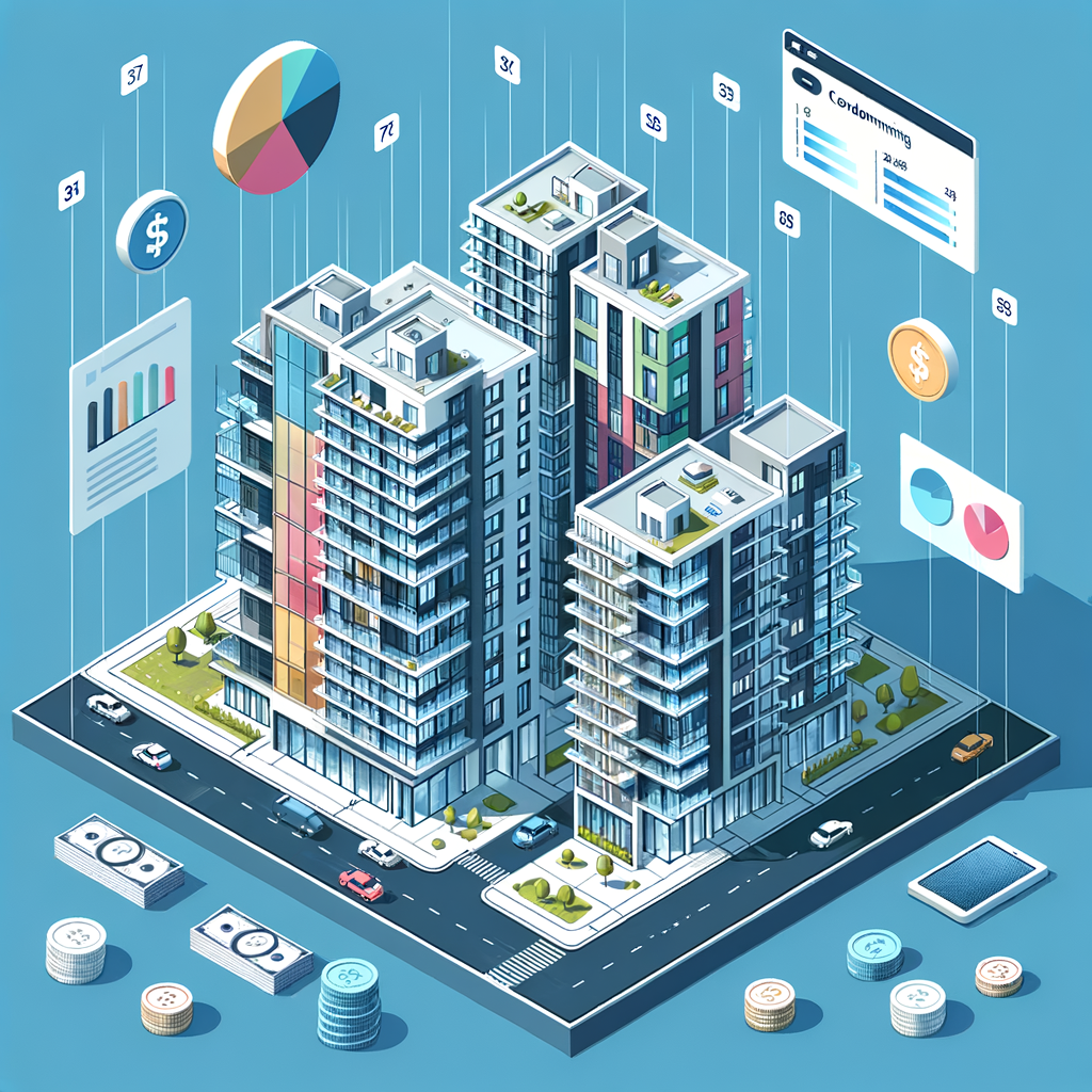 Create an isometric vector image showing a contemporary condominium building from a bird's eye perspective. Each unit within the building should be depicted in assorted colors and dimensions, reflective of their respective values. Floating around the building, include pie charts, proportion tags, and representations of financial symbols such as coins, currency notes, and computing devices used for calculations. Aim for a minimalist aesthetic marked by crisp edges, flat graphics, and understated color transitions to convey a professional and high-tech ambience.