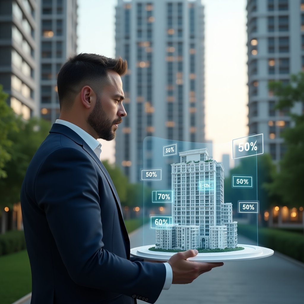 (Ultra-realistic condominium property manager in a navy executive suit, set in a modern luxury condominium environment with high-rise buildings and manicured green landscaping, examining a holographic 3D model of apartment units with floating percentage labels to represent their ideal fractions, confident and thoughtful expression, cinematic lighting, shallow depth of field, highly detailed textures, realistic skin, photographic realism, 8k resolution --ar 1:1 --v 6)