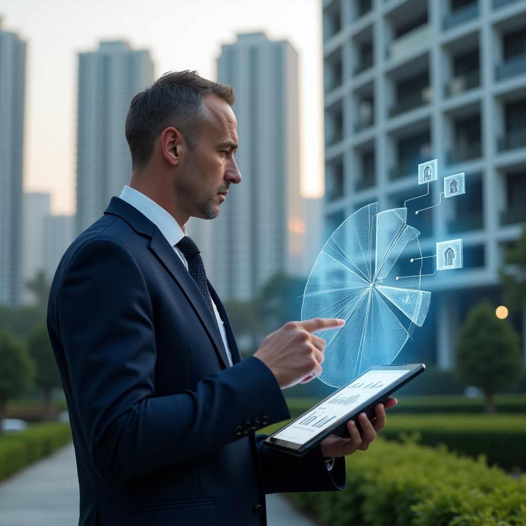 Ultra-realistic condominium manager in a navy business suit, set in a modern luxury condominium environment with high-rise buildings and green landscaping, holding a tablet displaying a holographic pie chart of unit fractions, pointing thoughtfully at the hologram, surrounded by floating apartment icons symbolizing residents, cinematic lighting, shallow depth of field, highly detailed textures, realistic skin, photographic realism, 8k resolution --ar 1:1 --v 6