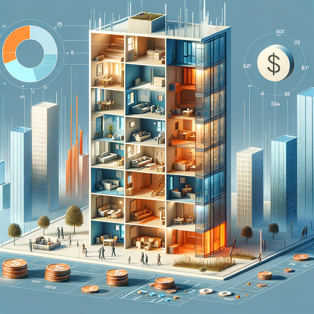 Develop a contemporary, sharp-resolution infographic-styled depiction of a vertically sliced multi-story condominium. Render the interior domestic compartments in semi-translucent blue and ticket them as 'Useful Area.' Spotlight the entire floor slab along with the surrounding premises in semi-translucent orange and mark it as 'Ideal Fraction.' Incorporate inconspicuous financial symbols (coins or monetary sign) and a modest line graph in the backdrop to imply fiscal implications. Utilize sleek lines, planar design, and an executive chromatic scale appropriate for a real estate management write-up.