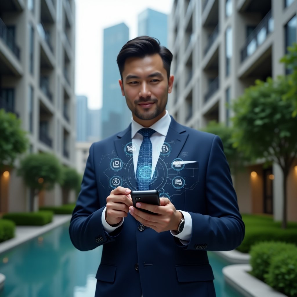 Ultra-realistic condominium manager in a navy-blue suit, set in a modern luxury condominium environment with high-rise buildings and manicured green landscaping, holding a smartphone displaying a holographic interface of security, communication, finance, reservation and analytics icons, confident expression, cinematic lighting, shallow depth of field, highly detailed textures, realistic skin, photographic realism, 8k resolution --ar 1:1 --v 6