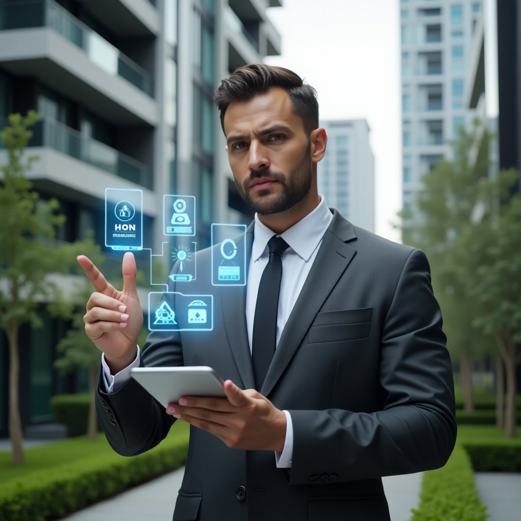 Ultra-realistic condominium manager in a charcoal gray suit, set in a modern luxury condominium environment with high-rise buildings and lush green landscaping, mid-shot of the professional holding a tablet and confidently pointing at floating holographic app icons for finances and maintenance, cinematic lighting, shallow depth of field, highly detailed textures, realistic skin, photographic realism, 8k resolution --ar 1:1 --v 6
