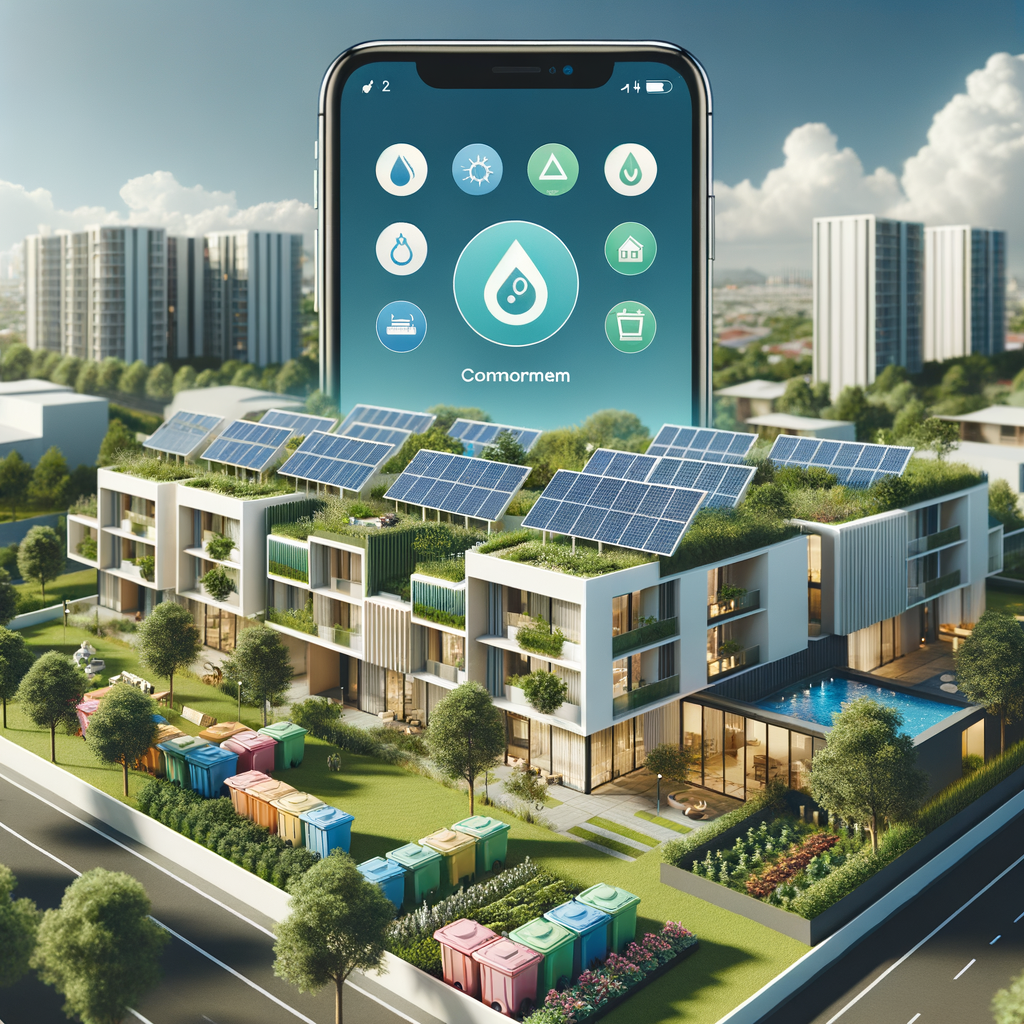 Premium vector illustration depicting an aerial view of a contemporary condominium complex. The complex features rooftop solar panels, colored bins designed for selective waste sorting, and verdant lawns. Attached are flourishing trees and a communal vegetable garden. Rendering the scene in the foreground is a semi-transparent overlay of a smartphone screen that exhibits a condominium management application. The app displays icons related to water, energy, and recycling. The illustration exhibits a bright, clean, and inviting ambiance.