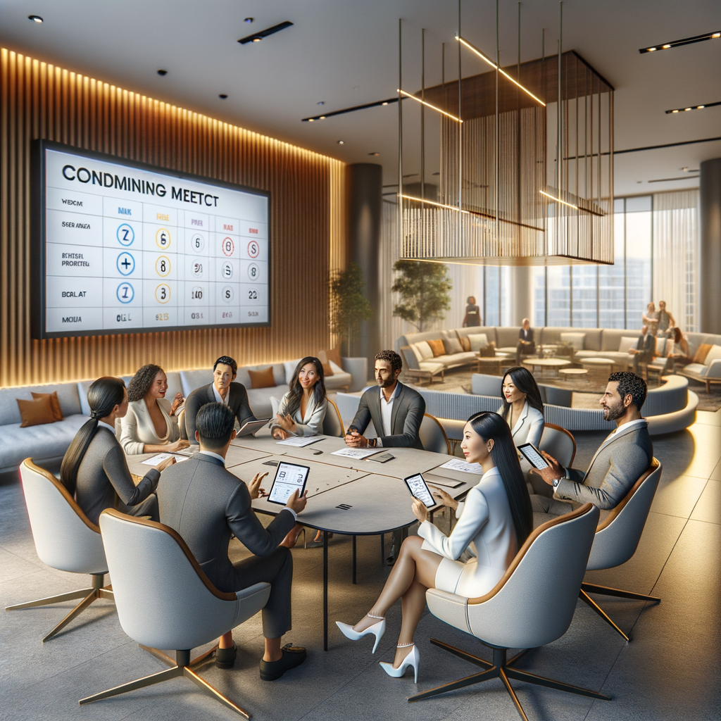 A photorealistic image of a modern condominium meeting: an inclusive assembly of residents including an Asian woman, a Middle-Eastern man, a Hispanic woman, a Black man, a White man, and a South Asian female manager. They are seated around a sleek conference table in a bright, contemporary lounge. Some are holding tablets and smartphones, others are pointing at a large wall-mounted digital screen that displays interactive voting charts and community project proposals. The atmosphere is marked by warm natural light filtering in, clean architectural lines, and a collaborative and technologically advanced ambience.