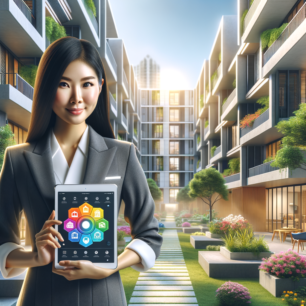A South Asian female condominium manager in business casual attire is confidently holding a tablet which displays a colorful and modern condo-management app interface. She is standing in a well-maintained courtyard that is bathed in sunlight, with lush greenery and blossoming flowers surrounding her. The backdrop to this scene is a sleek, mid-century modern condo building that is both asthetique and inviting. This complex architectural structure is remarkable in its high level of detail. This realistic style image is filled with bright and vivid colors.