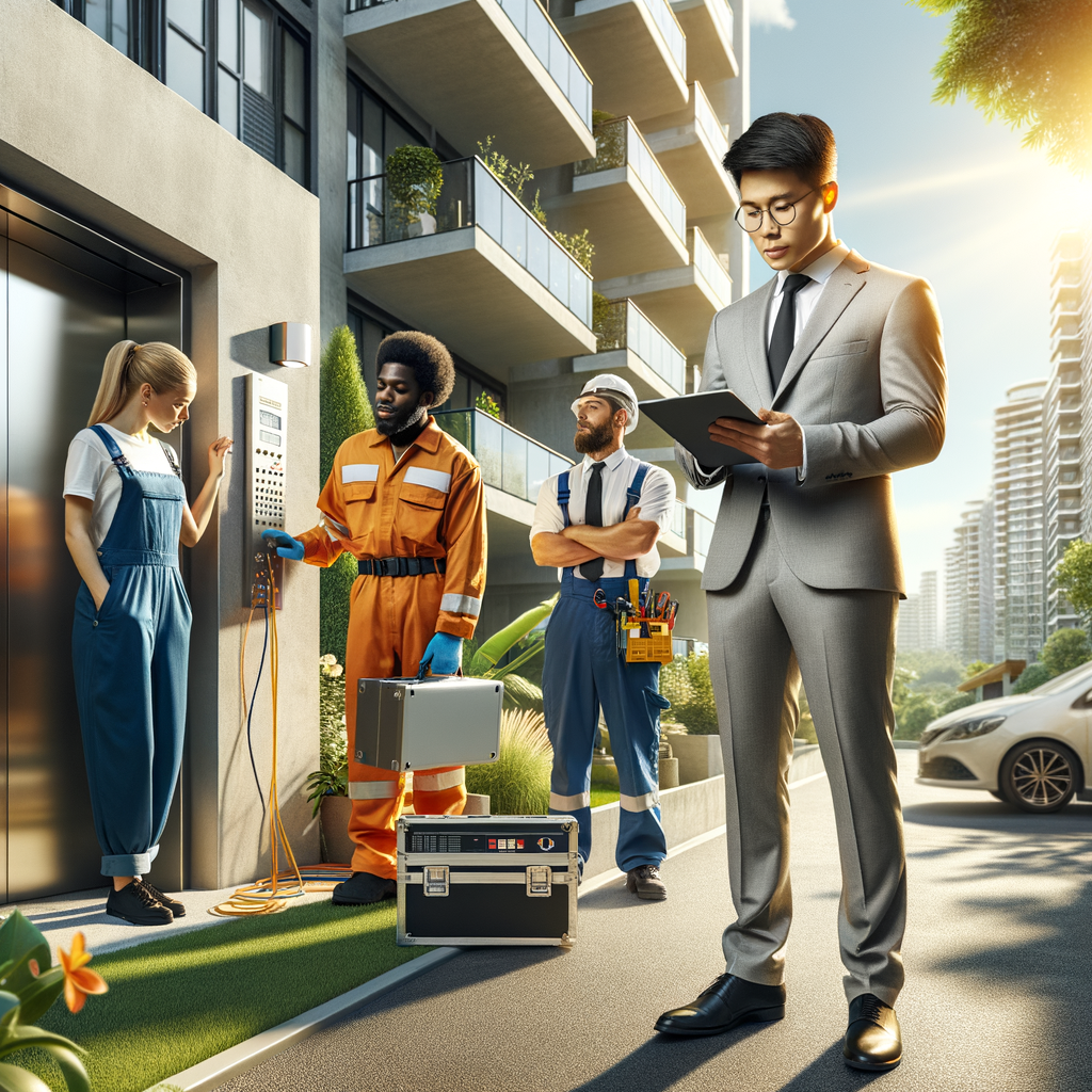 A bright, sun-lit scene showcasing a modern condominium complex. A multi-ethnic team including an Asian female elevator technician, Hispanic male security system specialist, and a Black female working on the ventilation system are performing maintenance tasks. The superintendent, a Caucasian male in professional attire, stands nearby, absorbed in monitoring progress on his tablet. The scene reflects meticulous organization, efficient work, established safety, and proactive management, all against a backdrop of meticulously maintained gardens and residents of various descents expressing pleasure. The predominant color scheme is vivacious and invites attention.