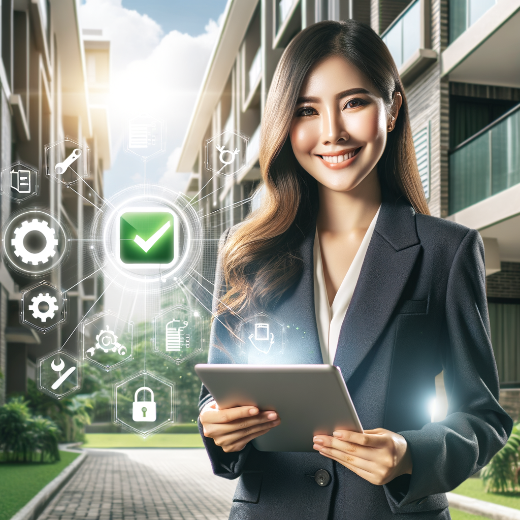 Create a bright, realistic illustration of a professional condominium manager of South Asian descent standing in front of a modern, well-maintained residential building. The female manager is smiling and holding a tablet displaying a digital maintenance checklist. In the background, subtly integrated, are icons of tools, gears, and green checkmarks floating around, symbolizing preventive maintenance and organization. The scene is bathed in natural daylight, conveying efficiency, safety, and technological innovation.