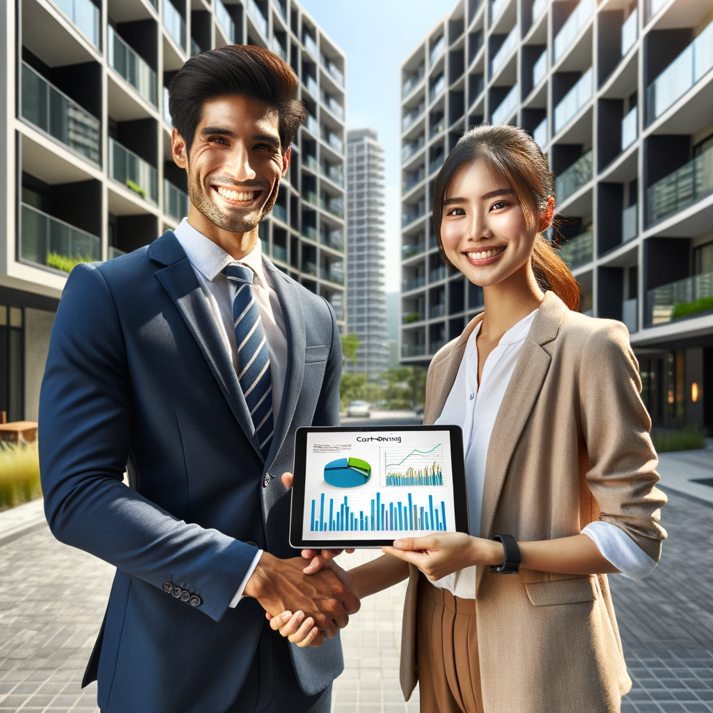 Generate a high-resolution, realistic depiction of a Hispanic male condominium manager and a South Asian female service provider standing in front of a modern residential building. They are sharing warm smiles and shaking hands, each holding a tablet that showcases vibrant cost-saving graphs. The scene is endowed with bright natural lighting and crisp architectural details in the background. Both professionals are dressed in smart business casual attire, conveying an atmosphere of trust, efficiency, and successful negotiation.