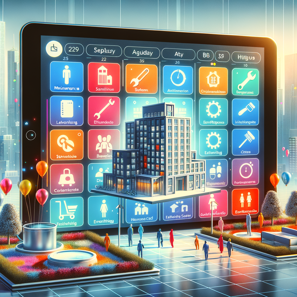 Generate a high-resolution digital illustration of a property administration dashboard shown on a big touchscreen or tablet device. This modern software showcases a month-view calendar scattered with color-coordinated blocks and symbols, correlating to maintenance roles (represented by a wrench), sanitation chores (symbolized by a broom), elevator assessments (depicted by an elevator car), inhabitant gatherings (depicted by a crowd of people), and communal festivities (represented by balloons). In the faint backdrop, visualize a contemporary condominium structure and elegantly manicured gardens. The visuals should emphasis a radiant, balanced color selection, neat minimalistic user interface aspects, delicate drop shadows, and a clear-cut, superior-resolution completion ideal for a magazine feature image.