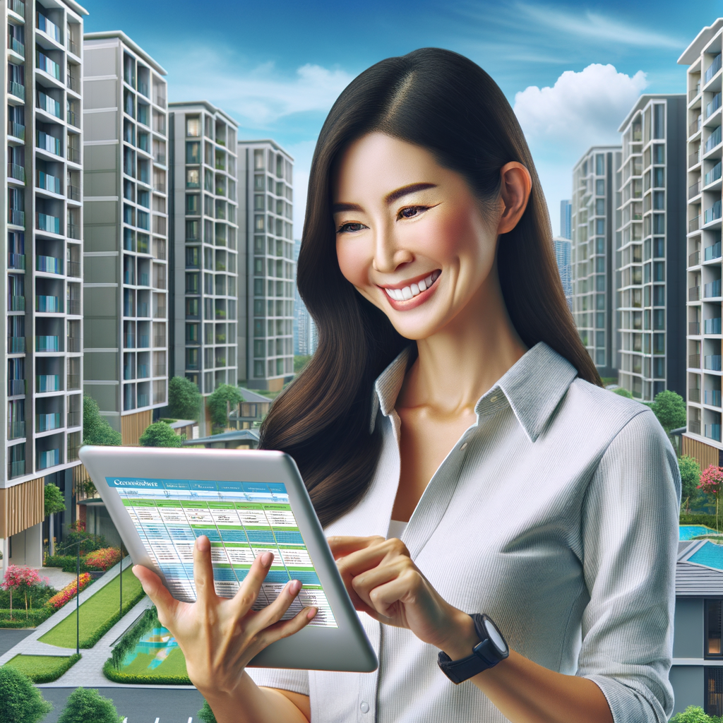 A friendly and efficient condo manager of Southeast Asian descent, happily reviewing a well-organized and visually appealing activity schedule on a tablet. The condo manager, assigned female at birth, is set against the backdrop of a modern and vibrant condominium complex. The surroundings are stylistically represented with color-rich digital art, emphasizing clarity and the essence of modern management.
