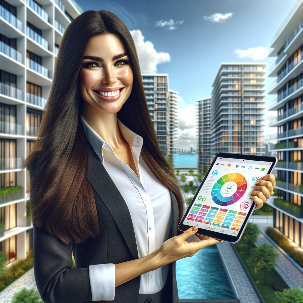 A confident and cheerful Hispanic female condominium manager smiling, standing proudly in front of a sleek and modern high-rise apartment building. In her hands, she holds a tablet that displays a vibrant and color-coded digital activity schedule. The environment around her is soaked in bright daylight under a clear, blue sky, providing a professional and welcoming atmosphere. The image should be a realistic digital illustration, filled with high detail to provide a visually appealing view of the urban landscape.