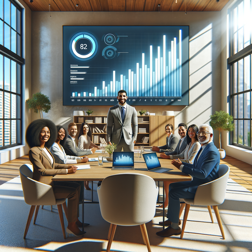 A contemporary, sun-filled apartment complex conference room showcasing a personable property manager of South Asian descent standing next to a towering screen displaying a dynamic, user-friendly bar graph. Situated around an elegant meeting table are cheerful residents with diverse descents such as Caucasian, Black and Hispanic, revealing their wide, smiling expressions. Placed on the table are open laptops and tablets projecting a simple, intuitive apartment management application interface. The image should be painted in a photorealistic style, casting a bright and inviting ambiance that emphasizes the values of transparency and trust.
