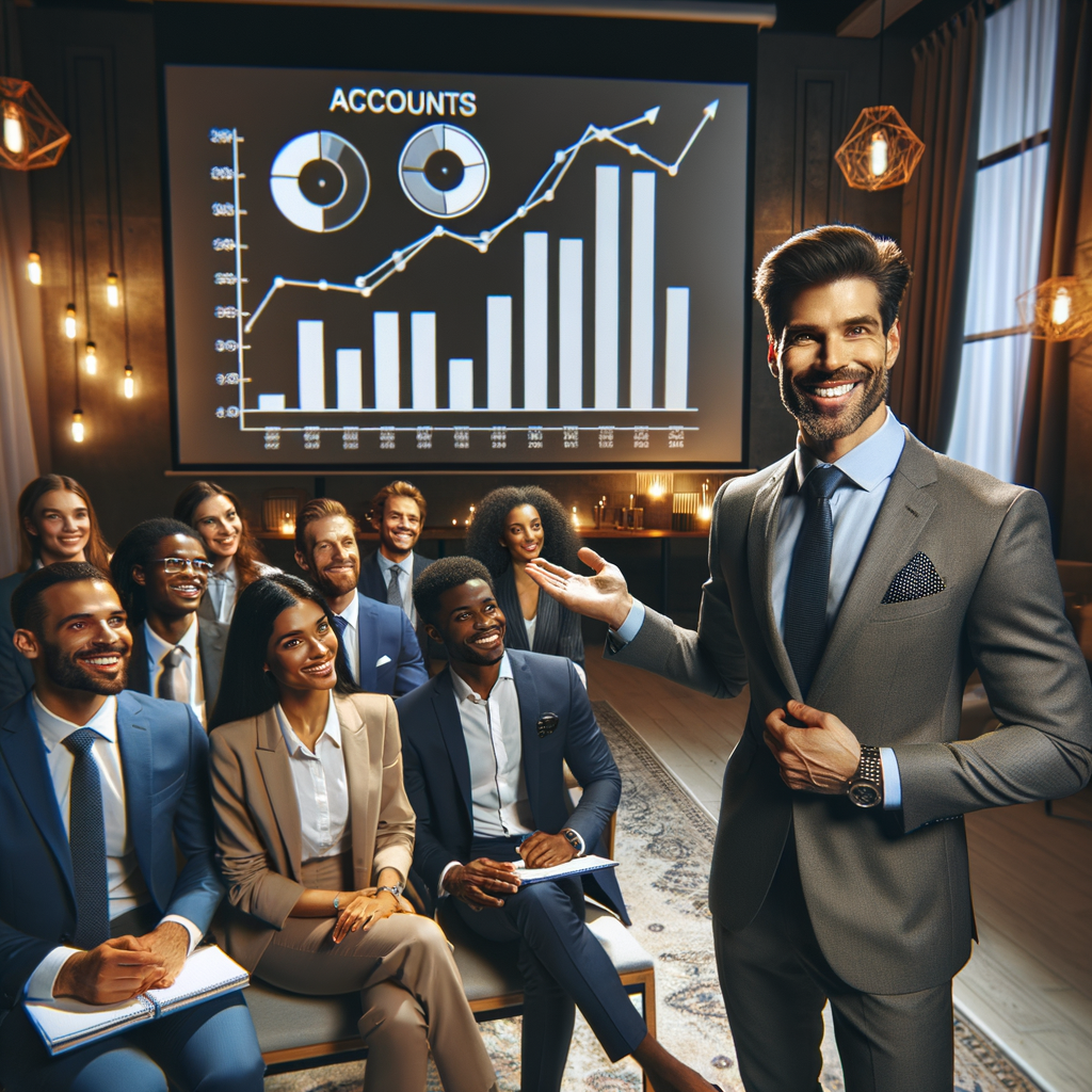 Portray a realistic image where a Caucasian property manager exudes confidence in a well-dressed ensemble, using a projector to clearly present graphs that illustrate the financial health of an apartment complex. In the audience, there are attentive and satisfied tenants, some of who are South Asian, Black, Middle-Eastern, Hispanic, and White, with both genders equally represented. Some are smiling and nodding in agreement. The setting should be illuminated, adorned with modern, professional decor that radiates trust and transparency. Capture the joyous moment when the accounts are approved, with the property manager gesturing towards the graphs, emphasizing the successful management.