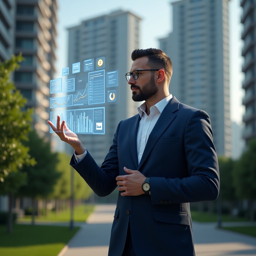 Ultra-realistic condominium manager in a navy blue suit, set in a modern luxury condominium environment with high-rise buildings and manicured green landscaping, confident pose analyzing a floating holographic financial dashboard with balance sheets and bar charts, holographic icons of coins and line graphs swirling around, cinematic lighting, shallow depth of field, highly detailed textures, realistic skin, photographic realism, 8k resolution --ar 1:1 --v 6