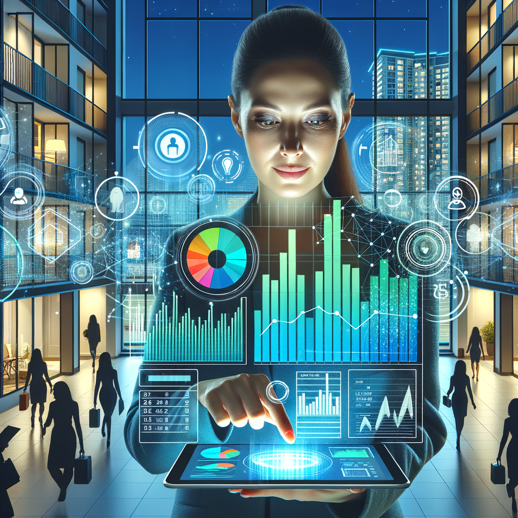 A picture illustrating a futuristic condominium manager, of Hispanic descent and female gender, stationed in a well-illuminated entrance hall, gripping a mobile device revealing a lucid financial dashboard composed of multicolored bar diagrams, circular charts, and expenditure tables. Behind her, the silhouette of modern apartment buildings and jovial inhabitants of various descents and genders, analyzing digital summaries on their tablet devices. The image should highlight neat linear patterns, lively shades of blue and green, an advanced user interface, fostering a feeling of lucidity and teamwork.