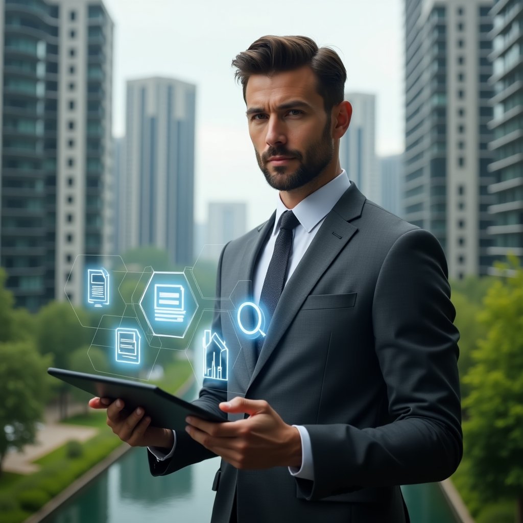 (Ultra-realistic condominium manager in a charcoal gray suit, set in a modern luxury condominium environment with high-rise buildings and lush green landscaping, medium shot of the manager presenting a holographic financial report above a tablet with floating chart and document icons, confident and focused expression, cinematic lighting, shallow depth of field, highly detailed textures, realistic skin, photographic realism, 8k resolution --ar 1:1 --v 6)