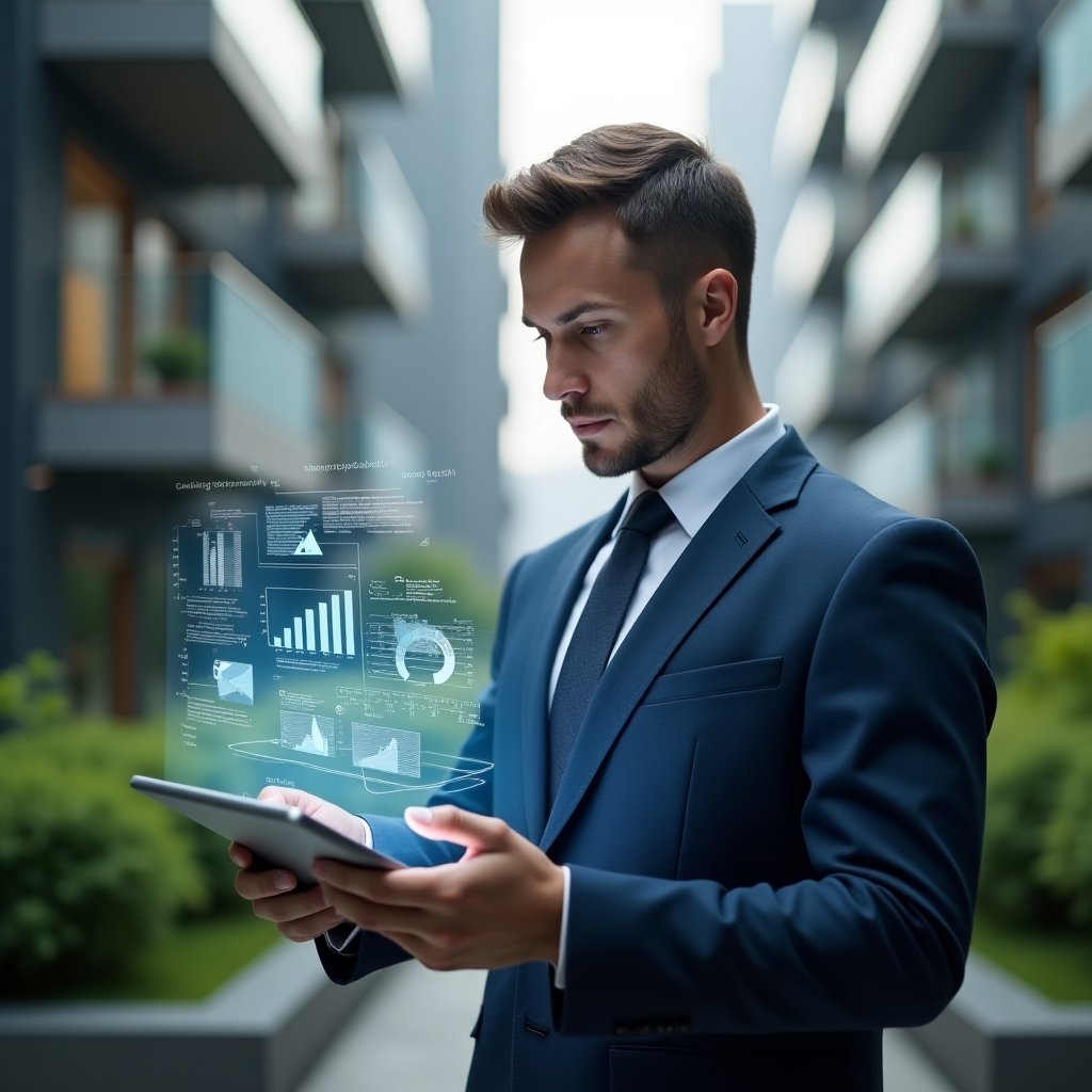Ultra-realistic condominium manager in a navy blue tailored suit, set in a modern luxury condominium environment with high-rise buildings and green landscaping, medium shot of the manager analyzing financial documents on a tablet with holographic balance sheets and graphs floating nearby, confident and focused expression, cinematic lighting, shallow depth of field, highly detailed textures, realistic skin, photographic realism, 8k resolution --ar 1:1 --v 6