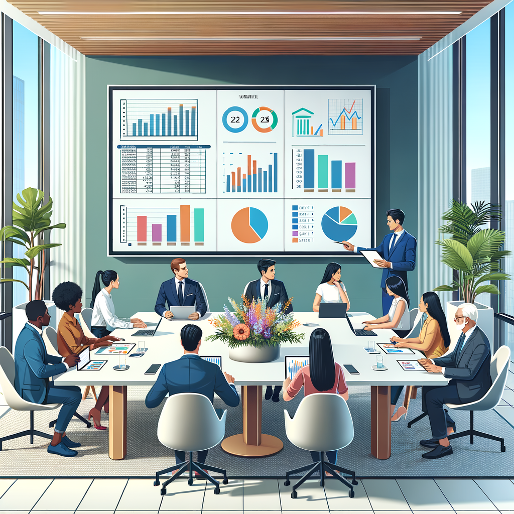 A bright, contemporary condominium boardroom scene represented in a flat vector style: a multi-ethnic group of residents along with the building manager, who's of Caucasian descent, are seated around a sleek, modern conference table. They're actively reviewing colorful financial charts and reports displayed on a large wall screen and on their tablets. The scene includes detailed ledger sheets, digital dashboards filled with bar graphs and pie charts, and strategically placed potted plants which add a touch of warmth. Natural light floods the room through floor-to-ceiling windows, symbolizing a sense of transparency, collaboration, and well-organized financial management.