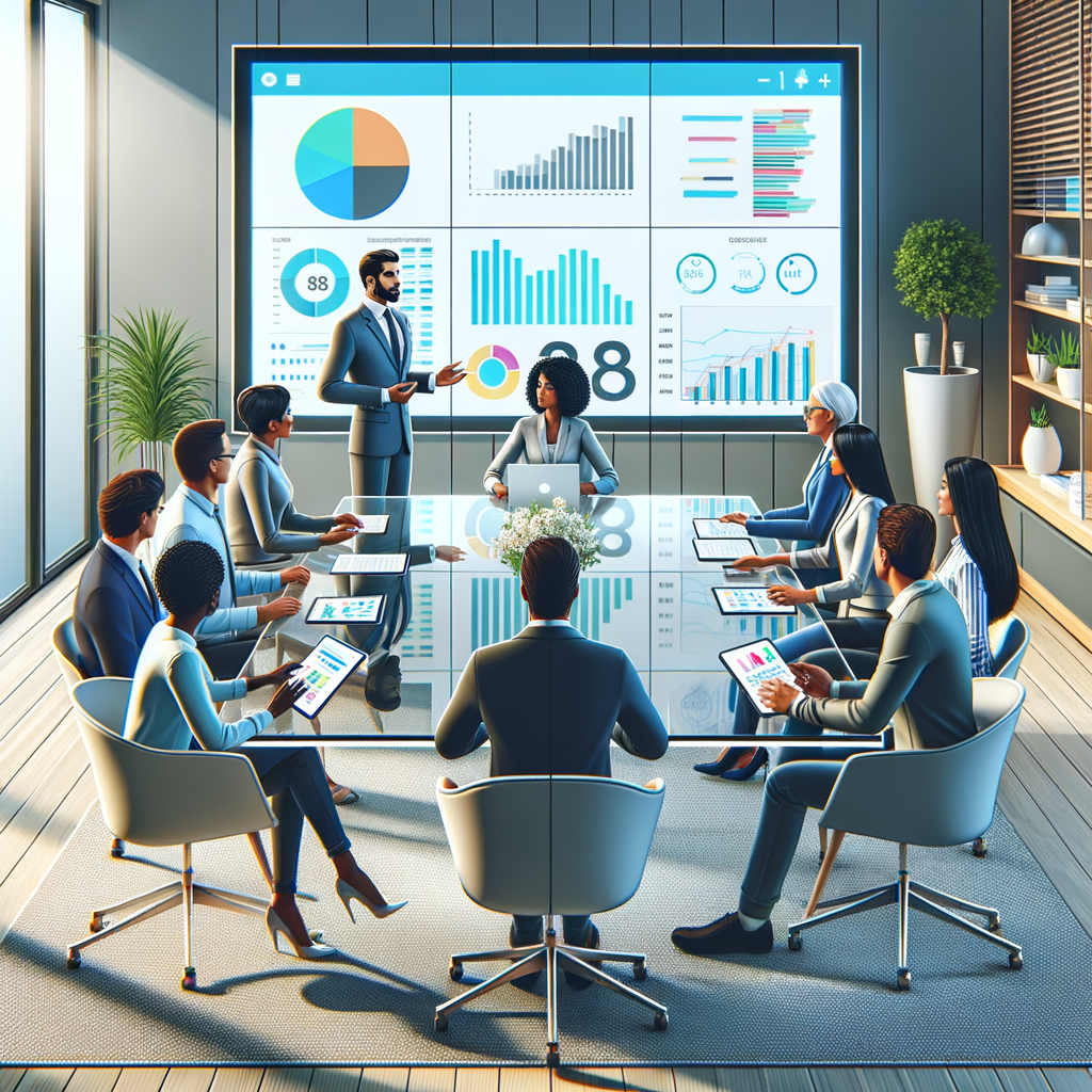 A clean, modern vector illustration of a condominium board meeting: a group of residents which includes Hispanic women, Black men, Caucasian men, and South Asian women seated around a glass table. In the scene, a Middle-Eastern male property manager is presenting digital financial reports on a large wall-mounted screen showing colorful charts and graphs. On the table, tablets and smartphones are displaying an app interface. The room is filled with bright natural light, decorated in a minimalist décor. The image emphasizes the blend of transparency, diversity, and advancement in technology.