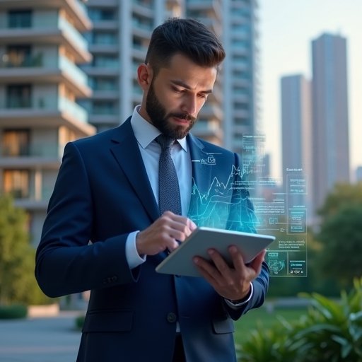 Ultra-realistic condominium manager in a navy blue business suit, set in a modern luxury condominium environment with high-rise buildings and green landscaping, reviewing digital financial reports on a tablet with a confident expression, surrounded by floating holographic financial charts and checkmarks, cinematic lighting, shallow depth of field, highly detailed textures, realistic skin, photographic realism, 8k resolution --ar 1:1 --v 6