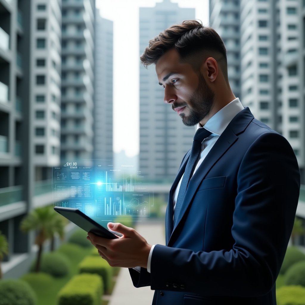 Ultra-realistic condominium manager in a navy executive suit, set in a modern luxury condominium environment with high-rise buildings and green landscaping, reviewing digital financial reports on a tablet with holographic charts projected in front of him, confident and focused expression, cinematic lighting, shallow depth of field, highly detailed textures, realistic skin, photographic realism, 8k resolution --ar 1:1 --v 6