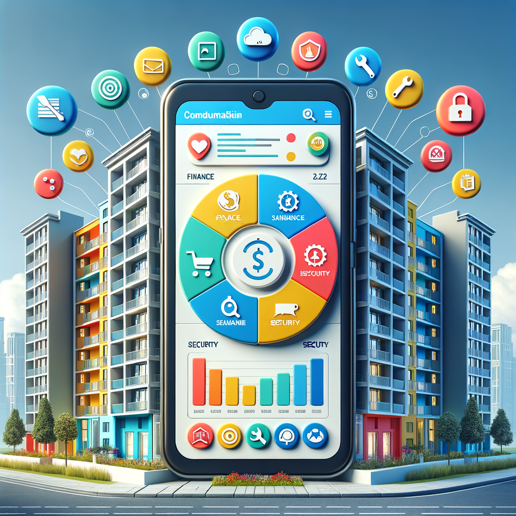 Generate a high-resolution digital illustration of a modern condominium situated prominently in the background. In the foreground, depict a large smartphone screen that shows a dashboard for a condo management app. The screen should exhibit colorful icons and widgets with diverse and dynamic designs such as a chat bubble for communication, a bar chart and a dollar sign for finance, a wrench sign for maintenance, a shield for security, and a document with checkmarks for virtual meetings. The overall palette should articulate clean, bright hues promoting a sleek, slightly three-dimensional style. The picture should convey an ambience of efficiency, organization, and modern technology.