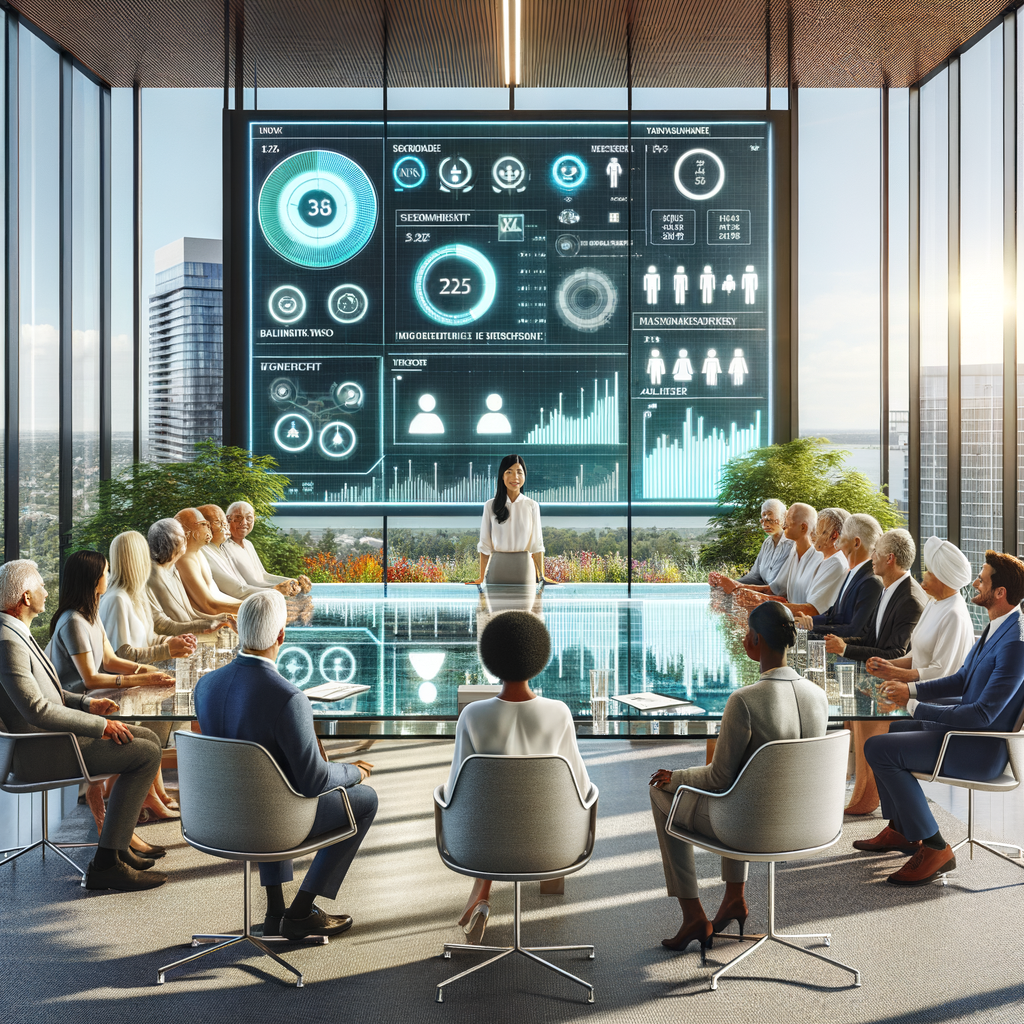 A brightly lit, contemporary meeting room situated in a condominium. The room is filled with various residents from different descents, such as Caucasian, Hispanic, Black, Middle-Eastern, and South Asian, and an amiable female building manager of a clear White descent leading the discussion at the top of a transparent conference table. Each individual sports a welcoming smile, participating in a candid conversation. Situated behind them, a large electronic display showcases meticulous financial graphs, maintenance timelines, and alert symbols. Daylight filters in generously from floor-to-rooftop glass panels offering views of the building's lush landscape. The image emphasizes the concepts of transparency, trust, and technology- facilitated communication in a sleek, professional style.