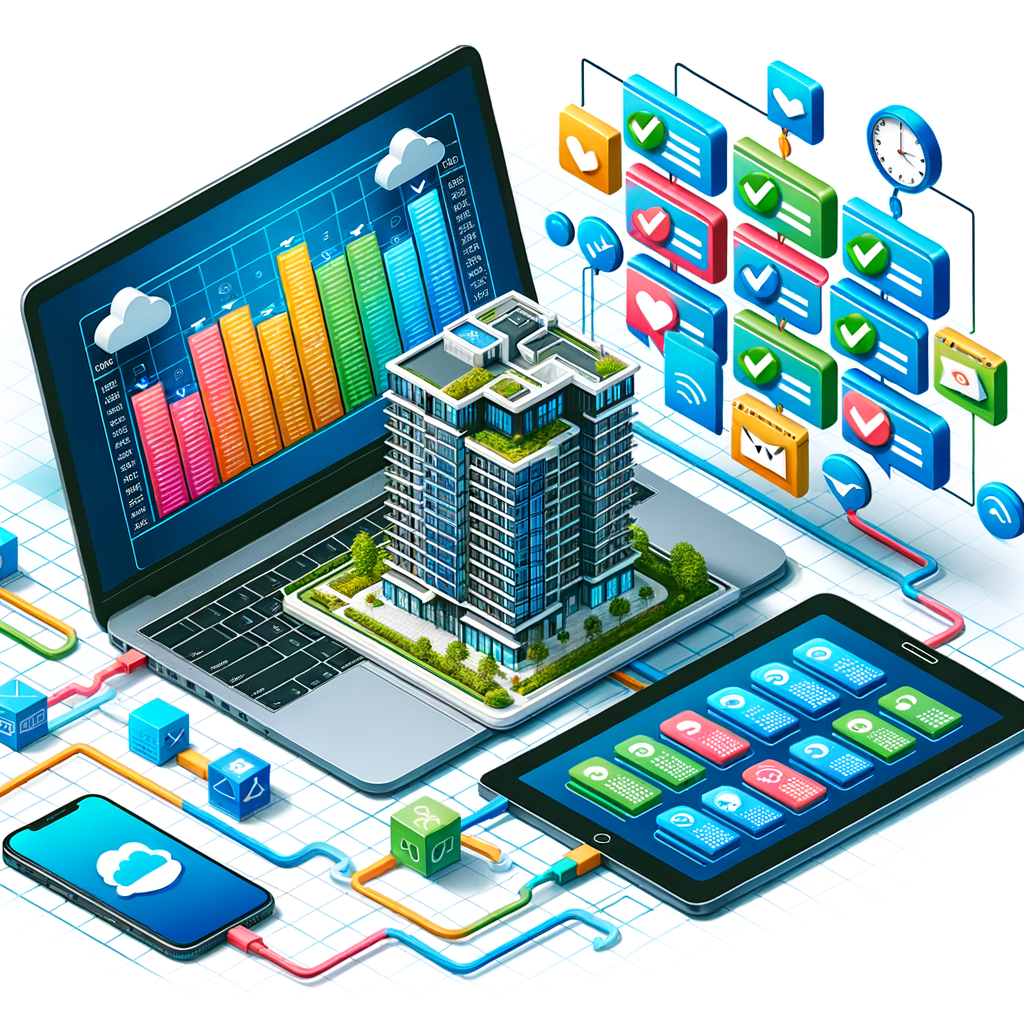 Generate a vibrant isometric illustration depicting a modern, sleek condominium building adjacent to prominent electronic devices: a laptop, a tablet, and a smartphone. The laptop's screen should showcase a brilliantly colorful Gantt chart, while the tablet presents a shared task list with green checkmarks. On the smartphone, let's see a push-notification panel. Floating above these elements are various symbolic icons, including calendars, chat bubbles, and cloud servers. These icons serve to represent the concept of seamless, integrated scheduling and communication.