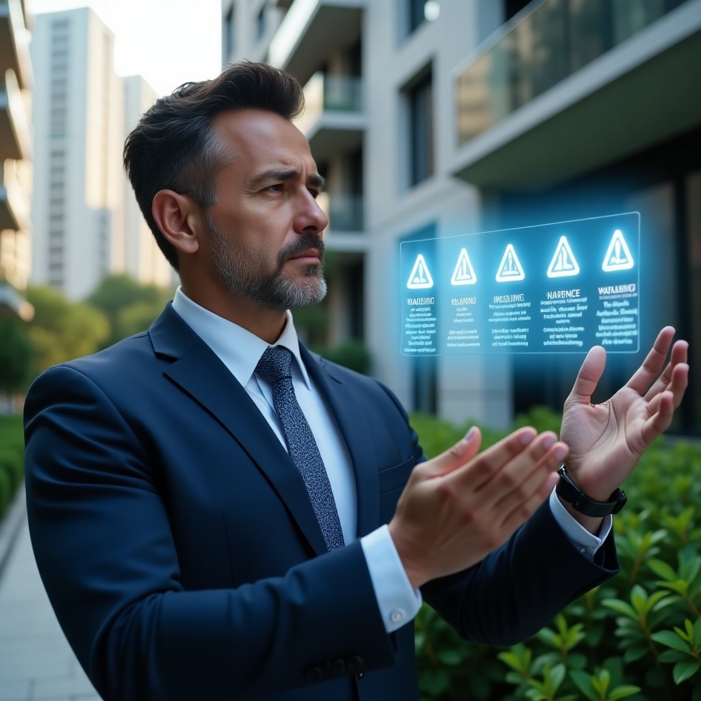 (Ultra-realistic condominium property manager in a tailored navy-blue suit, set in a modern luxury condominium environment with high-rise buildings and lush green landscaping, medium shot of the professional gesturing thoughtfully at a floating holographic infographic of five warning icons representing common management mistakes, confident and analytical expression, cinematic lighting, shallow depth of field, highly detailed textures, realistic skin, photographic realism, 8k resolution --ar 1:1 --v 6)
