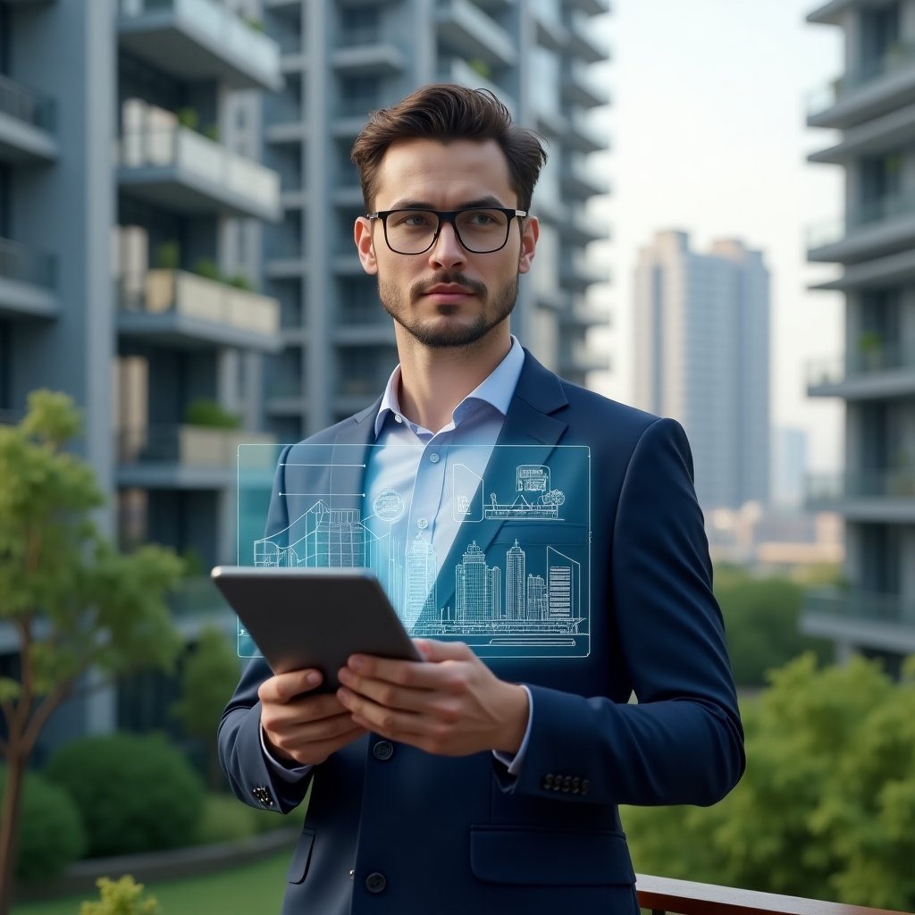 Ultra-realistic condominium manager in a navy blue tailored suit, set in a modern luxury condominium environment with high-rise buildings and lush green landscaping, holding a digital tablet displaying interactive graphs and chat icons to symbolize organization and transparent communication, subtle holographic overlay of building floor plans and notification bubbles, confident and focused expression, cinematic lighting, shallow depth of field, highly detailed textures, realistic skin, photographic realism, 8k resolution --ar 1:1 --v 6
