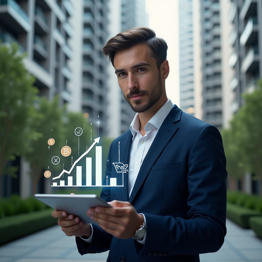 (Ultra-realistic condominium manager in a navy blue tailored suit, set in a modern luxury condominium environment with high-rise buildings and green landscaping, holding a digital tablet displaying rising financial charts and cost-saving graphs, holographic icons of coins and bar graphs floating around, confident and focused expression, cinematic lighting, shallow depth of field, highly detailed textures, realistic skin, photographic realism, 8k resolution --ar 1:1 --v 6)