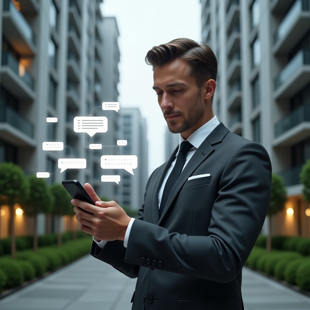 (Ultra-realistic condominium manager in a charcoal gray executive suit, set in a modern luxury condominium environment with high-rise buildings and manicured green landscaping, holding a smartphone and tapping on floating holographic chat bubbles and notification icons symbolizing a digital condo communication app, confident expression, cinematic lighting, shallow depth of field, highly detailed textures, realistic skin, photographic realism, 8k resolution --ar 1:1 --v 6)