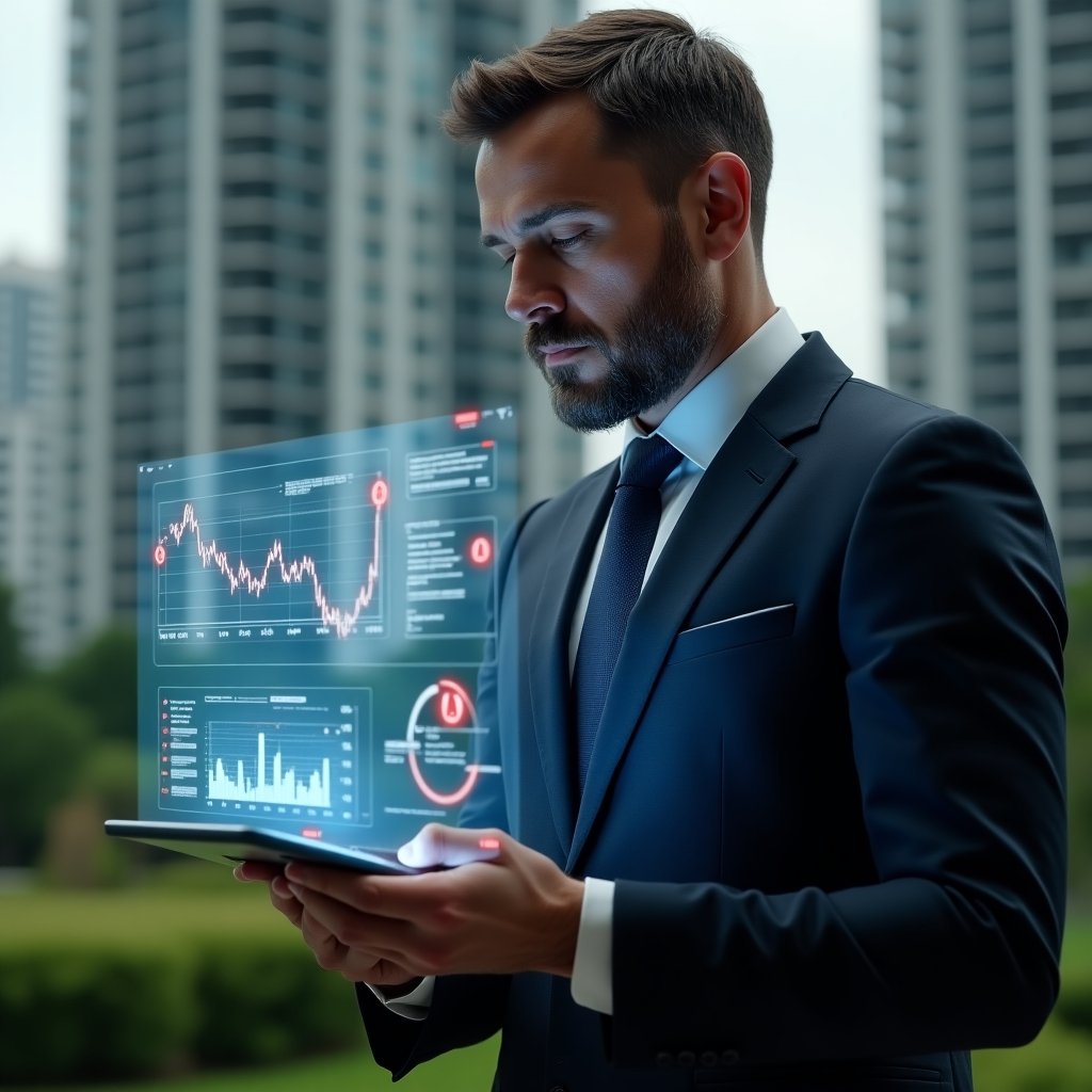 (Ultra-realistic condominium manager in a dark navy suit, set in a modern luxury condominium environment with high-rise buildings and green landscaping, analyzing holographic financial charts with red error icons projected above a digital tablet, serious and focused expression, cinematic lighting, shallow depth of field, highly detailed textures, realistic skin, photographic realism, 8k resolution --ar 1:1 --v 6)