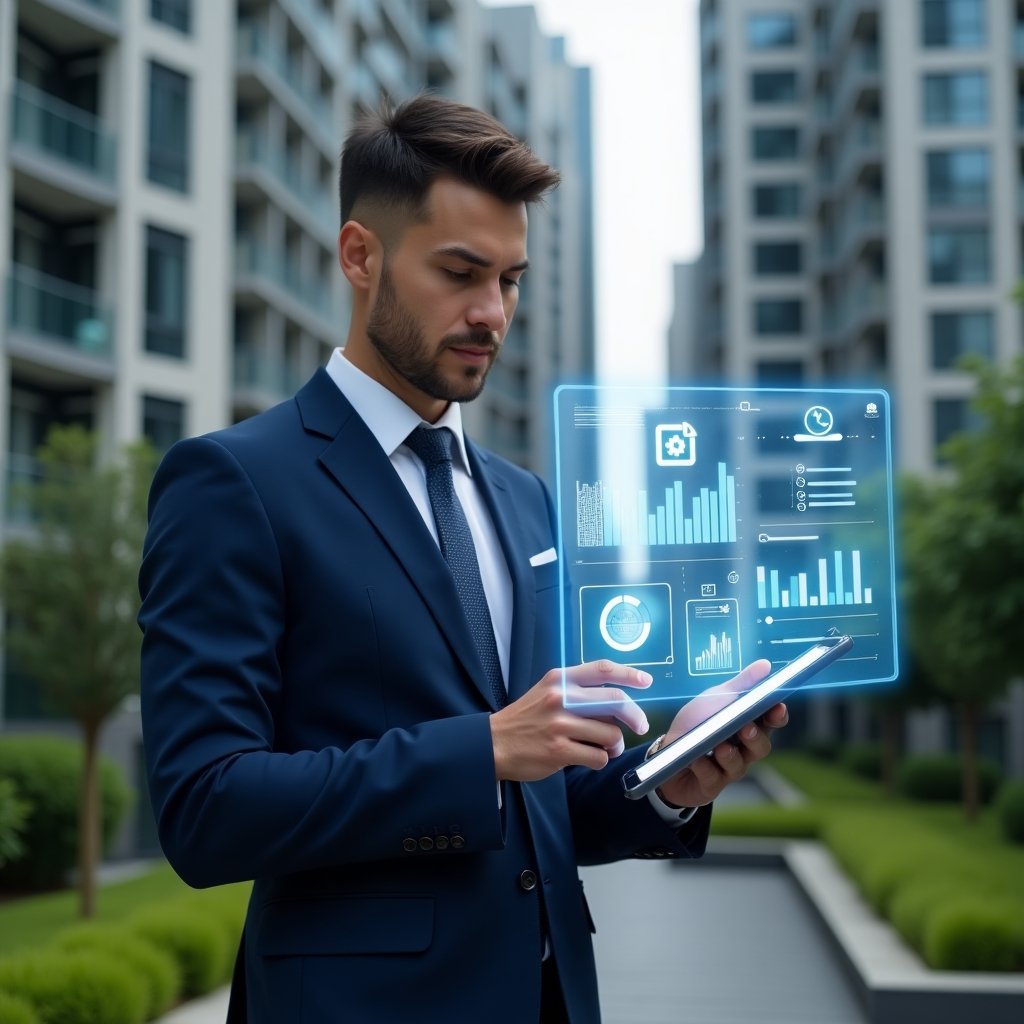 (Ultra-realistic condominium manager in a navy blue tailored suit, set in a modern luxury condominium environment with high-rise buildings and green landscaping, mid shot of a confident professional examining a holographic dashboard of a management app projected from a tablet, with floating icons of charts, calendar, chat bubbles and checklists symbolizing transparency and efficiency, cinematic lighting, shallow depth of field, highly detailed textures, realistic skin, photographic realism, 8k resolution --ar 1:1 --v 6)