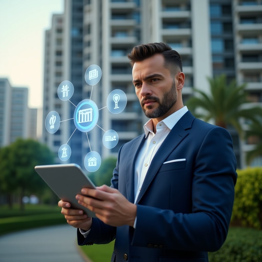 Ultra-realistic condominium manager in a navy blue business suit, set in a modern luxury condominium environment with high-rise buildings and lush green landscaping, holding a tablet and interacting with floating holographic icons for finance, communication and maintenance, confident expression, cinematic lighting, shallow depth of field, highly detailed textures, realistic skin, photographic realism, 8k resolution --ar 1:1 --v 6