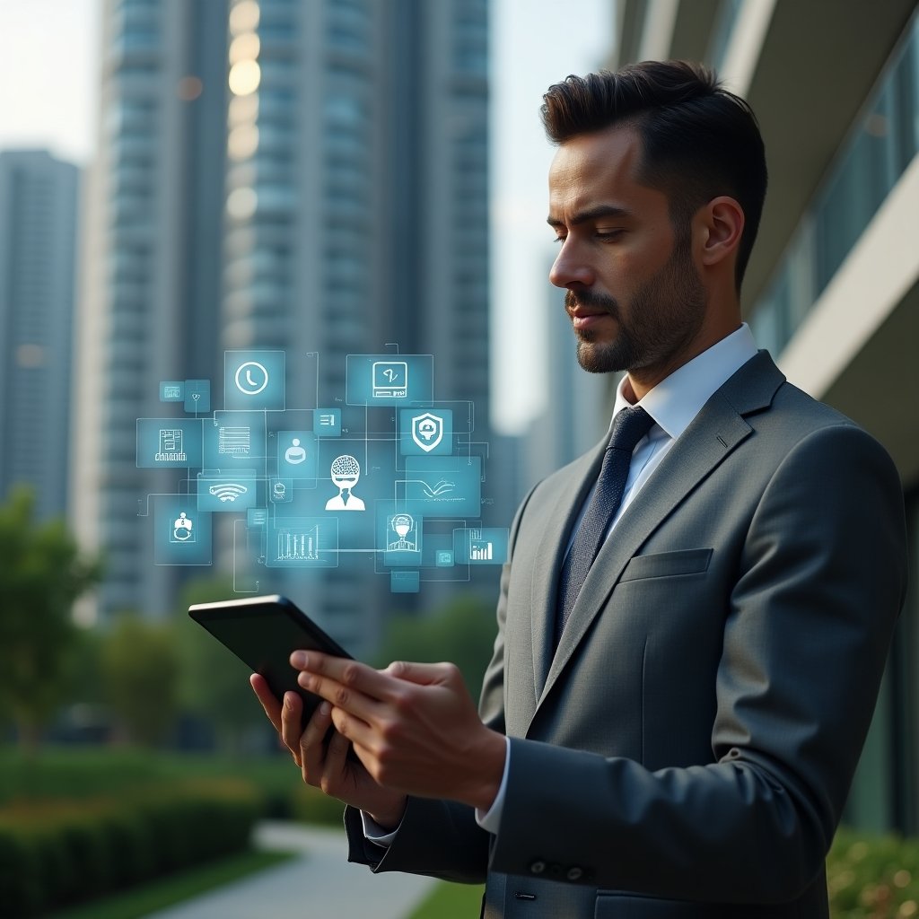 (Ultra-realistic condominium manager in a tailored gray suit, set in a modern luxury condominium environment with high-rise buildings and meticulously landscaped greenery, confidently holding a tablet displaying holographic icons for communication, finance, and security, reviewing data with focused expression, surrounded by floating holograms of financial charts and visitor badges, cinematic lighting, shallow depth of field, highly detailed textures, realistic skin, photographic realism, 8k resolution --ar 1:1 --v 6)