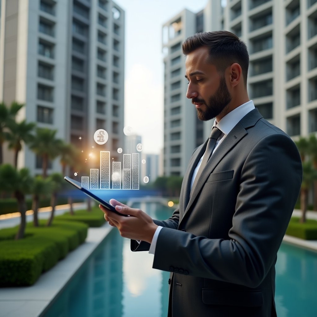 (Ultra-realistic condominium manager in a charcoal gray suit, set in a modern luxury condominium environment with high-rise buildings and manicured green landscaping, confidently reviewing a digital tablet showing declining delinquency charts, with floating holographic bar graphs and coin icons symbolizing financial recovery, cinematic lighting, shallow depth of field, highly detailed textures, realistic skin, photographic realism, 8k resolution --ar 1:1 --v 6)