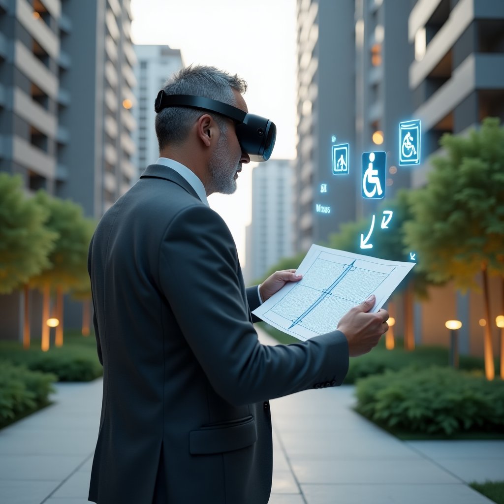 (Ultra-realistic condominium administrator in a charcoal gray executive suit, set in a modern luxury condominium environment with high-rise buildings and meticulously landscaped green areas, mid-shot of the administrator thoughtfully reviewing a holographic blueprint of accessibility ramps and tactile paving, with floating wheelchair and Braille signage icons symbolizing inclusive design, cinematic lighting, shallow depth of field, highly detailed textures, realistic skin, photographic realism, 8k resolution --ar 1:1 --v 6)
