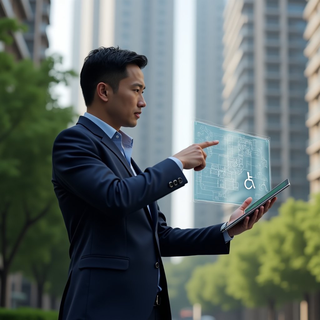 (Ultra-realistic condominium manager in a navy suit, set in a modern luxury condominium environment with high-rise buildings and manicured green landscaping, medium shot focusing on the manager, pointing at a transparent holographic map highlighting ramps, tactile paths and wheelchair icons, holding a tablet displaying an accessibility app interface, expression thoughtful and confident, cinematic lighting, shallow depth of field, highly detailed textures, realistic skin, photographic realism, 8k resolution --ar 1:1 --v 6)