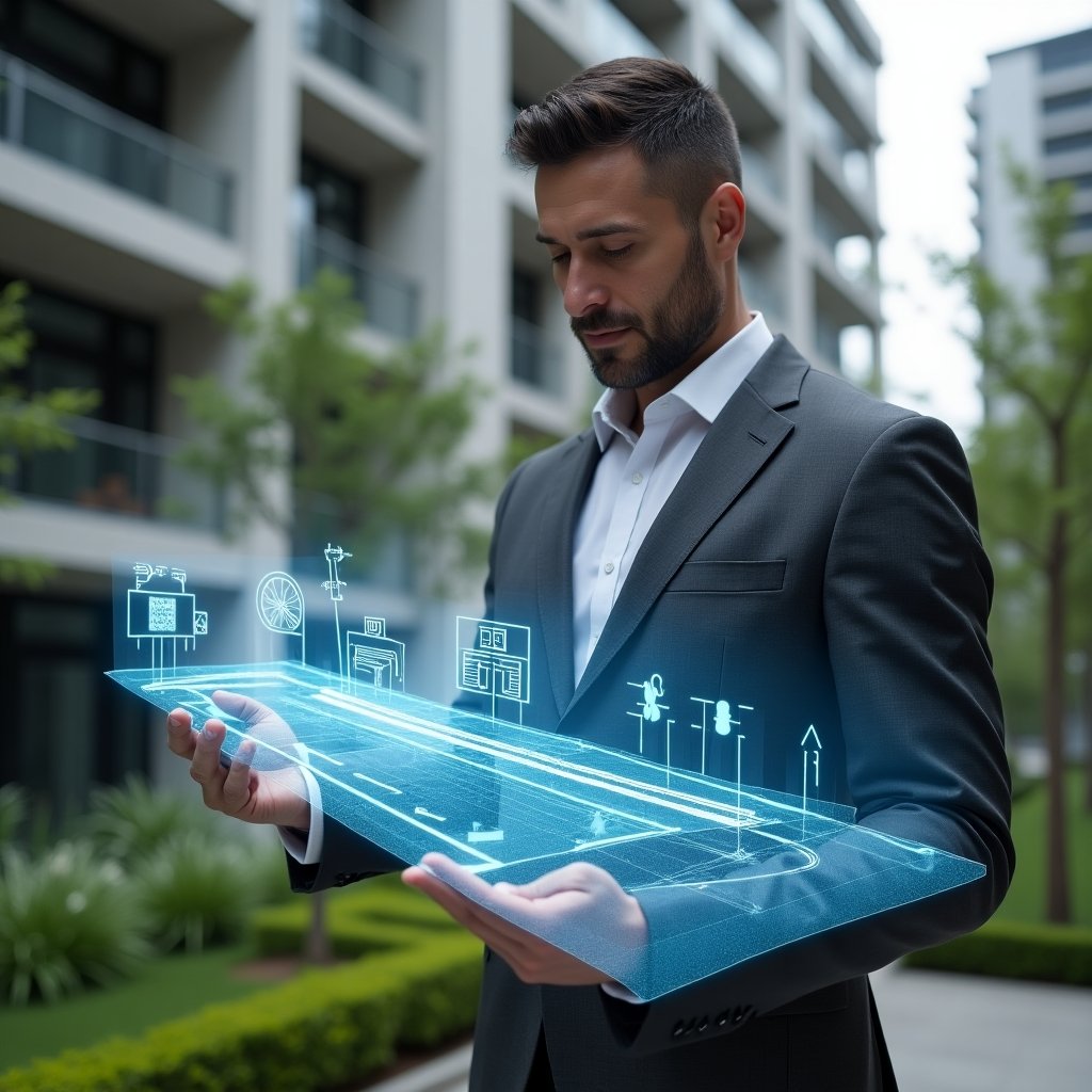 (Ultra-realistic condo manager in a charcoal gray business suit, set in a modern luxury condominium environment with high-rise buildings and manicured green landscaping, examining a holographic blueprint of an accessible ramp and elevator installation, AR icons of tactile floor markings and digital monitoring dashboards floating around, confident expression, cinematic lighting, shallow depth of field, highly detailed textures, realistic skin, photographic realism, 8k resolution --ar 1:1 --v 6)