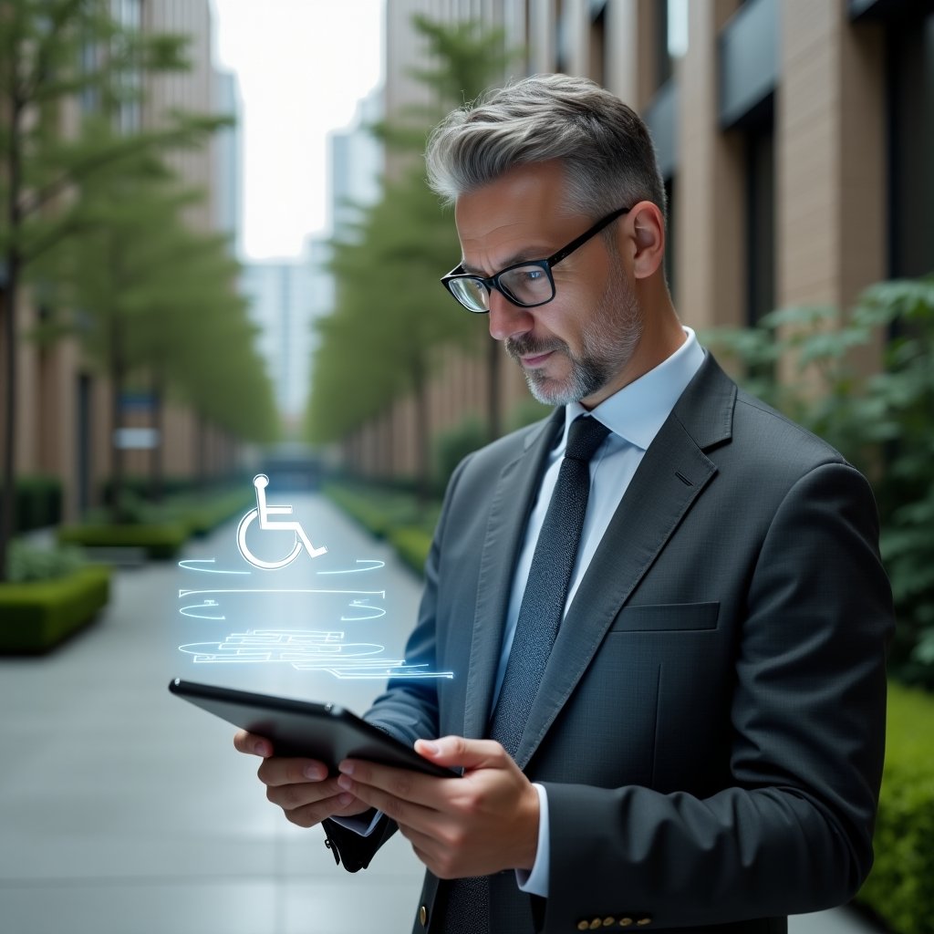 Ultra-realistic condominium manager (syndic) in a charcoal gray tailored suit, set in a modern luxury condominium environment with high-rise buildings and lush green landscaping, holding a tablet displaying a 3D ramp design, holographic wheelchair icon and braille signage projections beside him, thoughtful and confident expression, cinematic lighting, shallow depth of field, highly detailed textures, realistic skin, photographic realism, 8k resolution --ar 1:1 --v 6