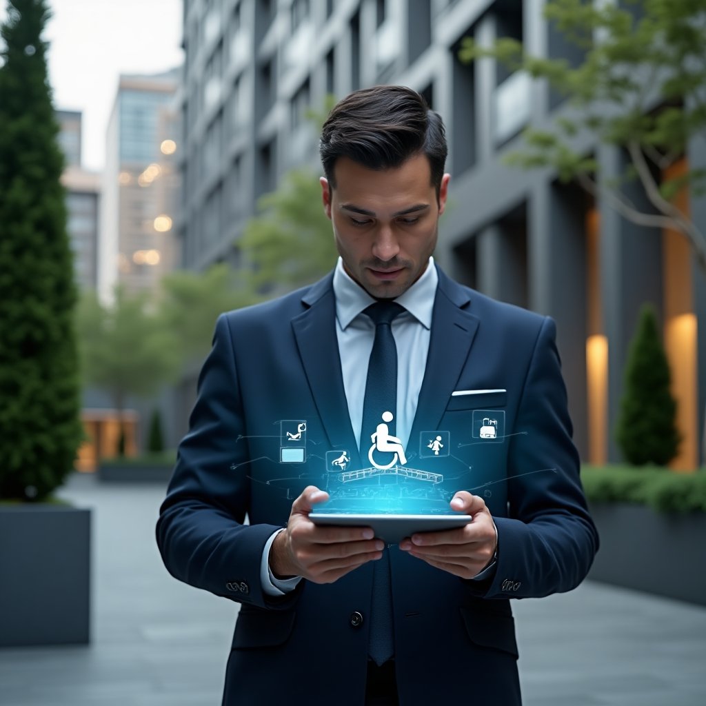 (Ultra-realistic condominium manager in a dark blue suit, set in a modern luxury condominium environment with high-rise buildings and manicured green landscaping, holding a tablet projecting a holographic wheelchair ramp and universal accessibility icons, looking confidently and thoughtfully at the display, cinematic lighting, shallow depth of field, highly detailed textures, realistic skin, photographic realism, 8k resolution --ar 1:1 --v 6)