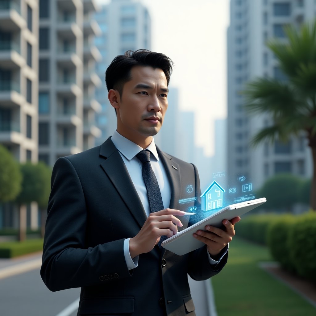 (Ultra-realistic condominium manager in a dark gray executive suit, set in a modern luxury condominium environment with high-rise buildings and manicured greenery, holding a tablet displaying a holographic dashboard of checklists and notifications, pointing at a floating apartment icon with a stylus, confident expression, cinematic lighting, shallow depth of field, highly detailed textures, realistic skin, photographic realism, 8k resolution --ar 1:1 --v 6)