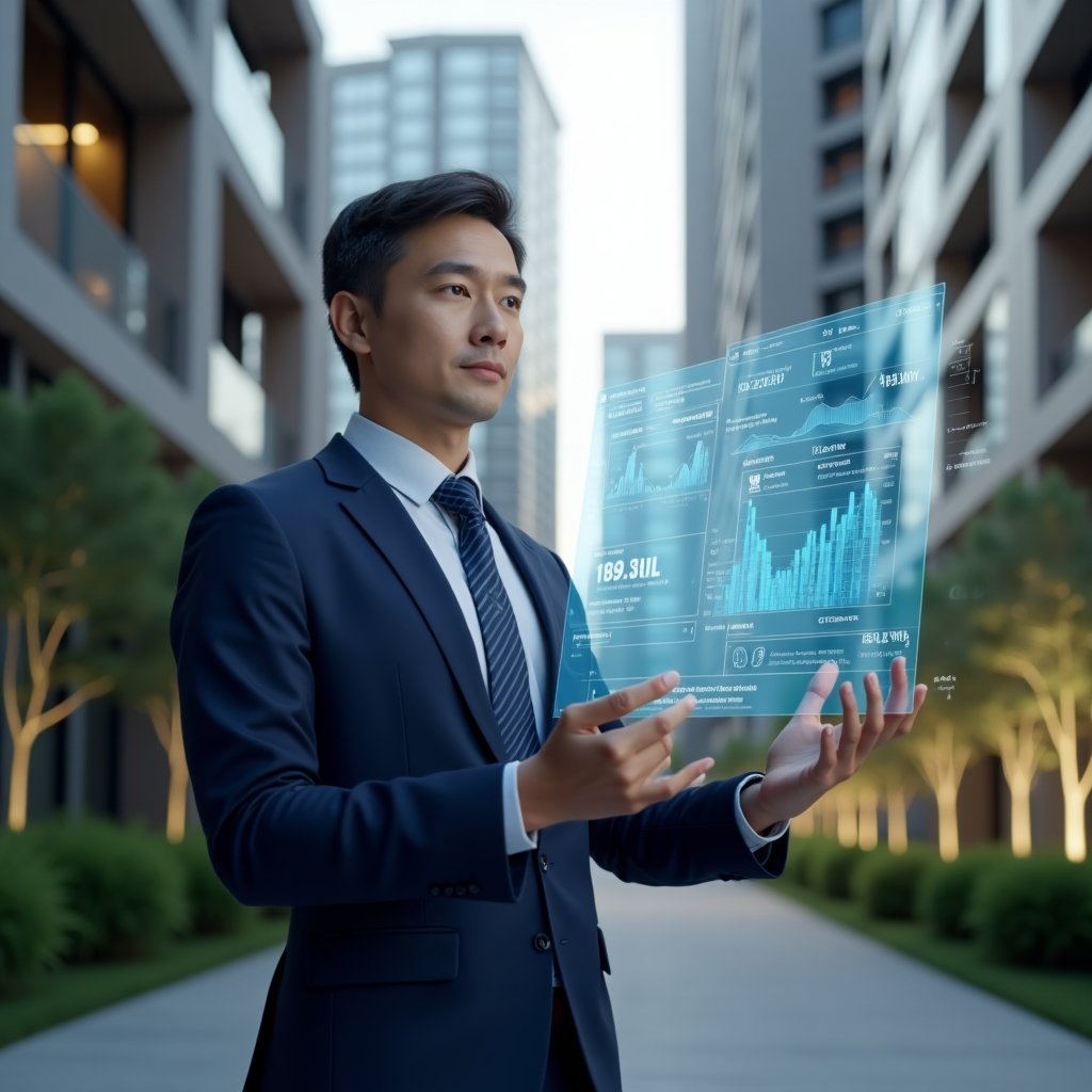 Ultra-realistic condominium manager in a navy blue executive suit, set in a modern luxury condominium environment with sleek high-rise buildings and manicured green landscaping, interacting with a floating holographic condominium management app dashboard displaying communication icons, financial graphs and task schedules, confident expression, cinematic lighting, shallow depth of field, highly detailed textures, realistic skin, photographic realism, 8k resolution --ar 1:1 --v 6