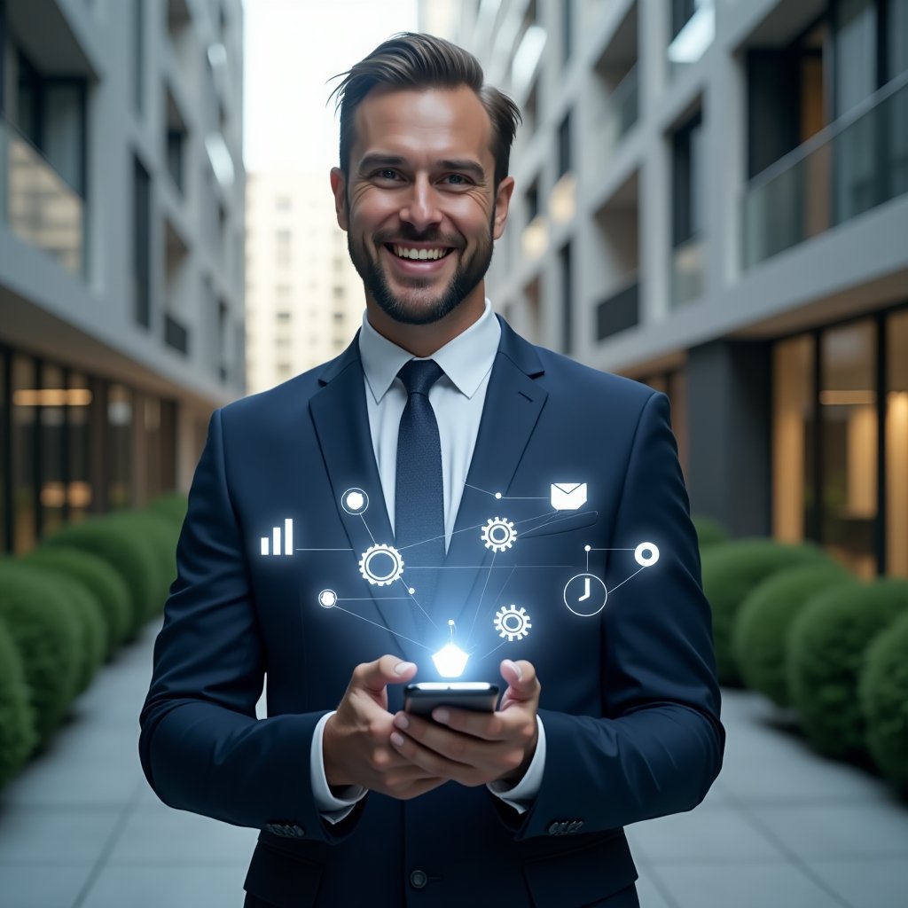 Ultra-realistic condominium manager in a navy blue suit, set in a modern luxury condominium environment with high-rise buildings and green landscaping, holding a smartphone displaying a holographic app interface, holographic floating icons of charts, gears and chat bubbles symbolizing process automation and efficient communication, confident and smiling expression, cinematic lighting, shallow depth of field, highly detailed textures, realistic skin, photographic realism, 8k resolution --ar 1:1 --v 6
