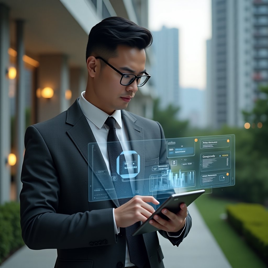 Ultra-realistic condo manager in a tailored charcoal gray suit, set in a modern luxury condominium environment with high-rise buildings and manicured green landscaping, holding a sleek tablet projecting a holographic interface of a condo management app with graphs, notifications, chat icons and task lists, confidently focusing on the display, cinematic lighting, shallow depth of field, highly detailed textures, realistic skin, photographic realism, 8k resolution --ar 1:1 --v 6