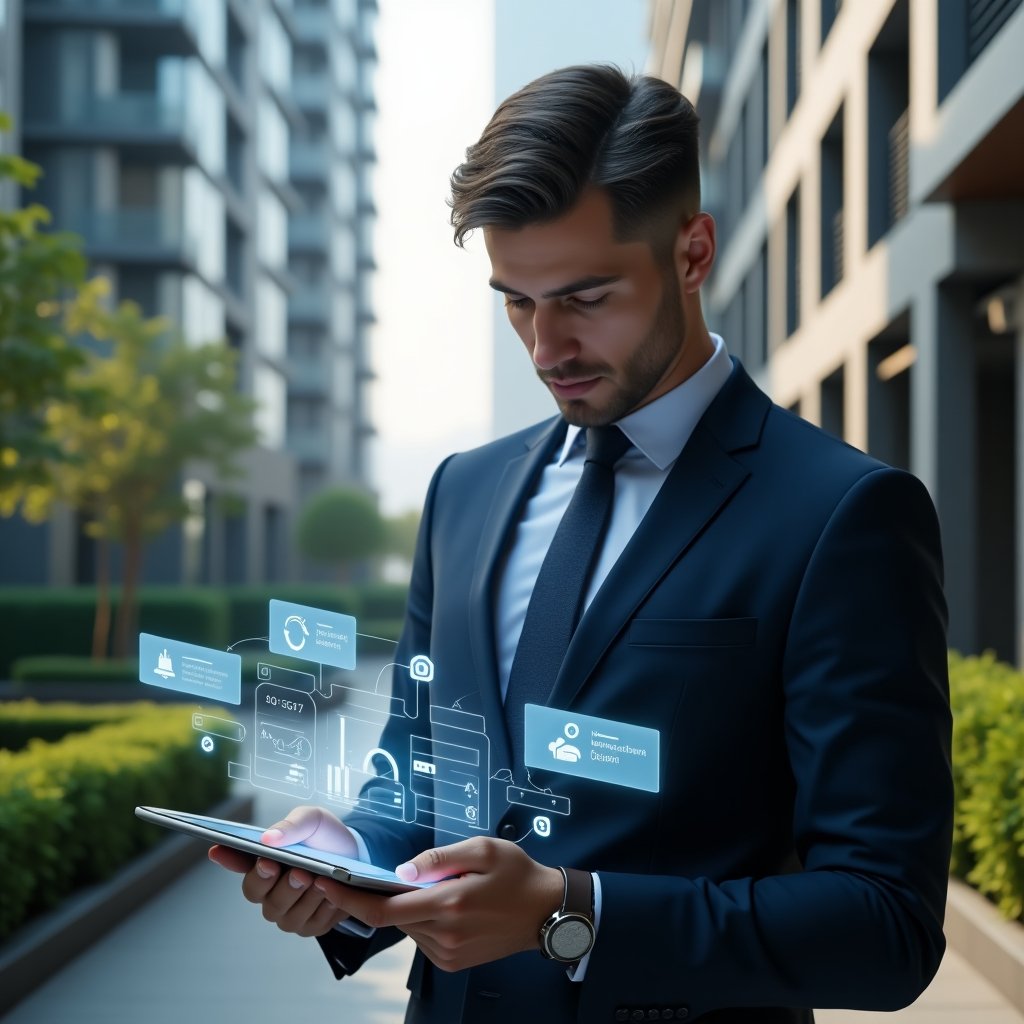 (Ultra-realistic condominium manager in a tailored navy blue suit, set in a modern luxury condominium environment with high-rise buildings and manicured gardens, reviewing a holographic financial dashboard on a transparent tablet with a confident and focused expression, floating icons of budgets, notification bells and communication symbols around him, cinematic lighting, shallow depth of field, highly detailed textures, realistic skin, photographic realism, 8k resolution --ar 1:1 --v 6)