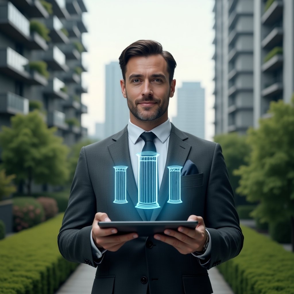 (Ultra-realistic condominium manager in a tailored dark gray suit, set in a modern luxury condominium environment with high-rise buildings and lush green landscaping, mid-shot of the professional holding a tablet displaying holographic icons of four pillars (planning, maintenance, finance, communication), confident expression, cinematic lighting, shallow depth of field, highly detailed textures, realistic skin, photographic realism, 8k resolution --ar 1:1 --v 6)