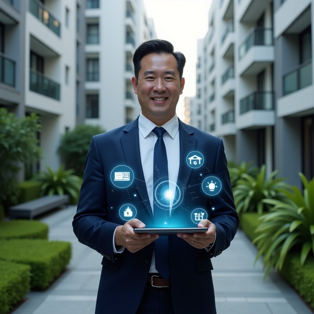 Ultra-realistic condominium manager in a tailored navy blue suit, set in a modern luxury condominium environment with high-rise buildings and lush green landscaping, standing confidently and holding a tablet that projects holographic icons for planning, maintenance, communication, finance, technology, sustainability, and governance around him, cinematic lighting, shallow depth of field, highly detailed textures, realistic skin, photographic realism, 8k resolution --ar 1:1 --v 6